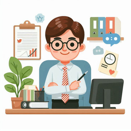 Businessman working at office. Vector illustration in flat cartoon style.のイラスト素材