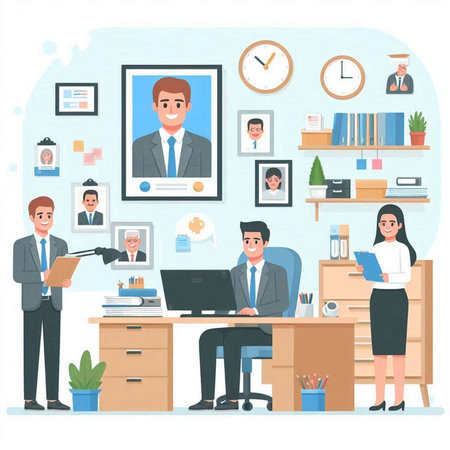 Businessman and businesswoman working in office vector illustration. Cartoon man and woman characters working in office.のイラスト素材