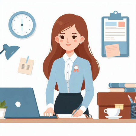 Young business woman working at her desk in office. Vector illustration.のイラスト素材