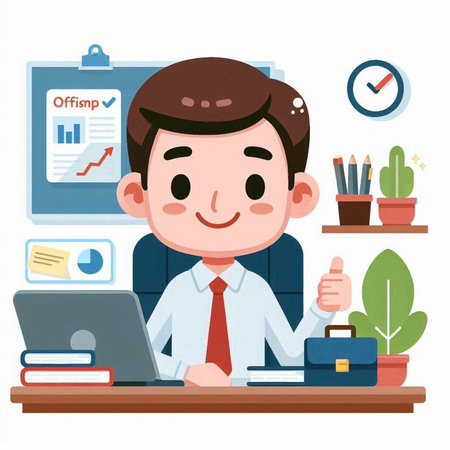 Businessman working at the office with laptop and report. Vector illustration.のイラスト素材