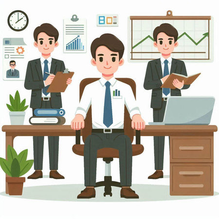 Businessman working in office. Vector illustration of a cartoon businessman in office.のイラスト素材