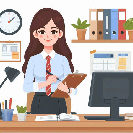 Business woman writing on clipboard in office. Vector illustration in cartoon style.のイラスト素材
