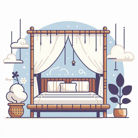 Vector illustration of a cozy bedroom with a double bed and a canopyのイラスト素材