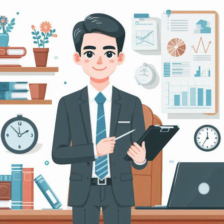 Businessman in office. Vector illustration in flat cartoon style. Businessman in office.のイラスト素材