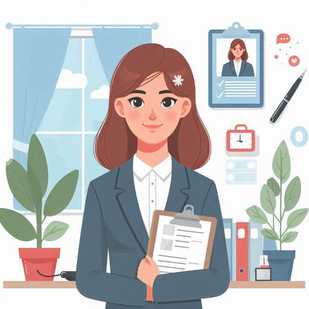 Young businesswoman in office. Portrait of businesswoman with clipboard. Vector illustrationのイラスト素材