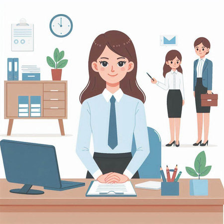 Business woman working in the office. Vector illustration in cartoon style.のイラスト素材