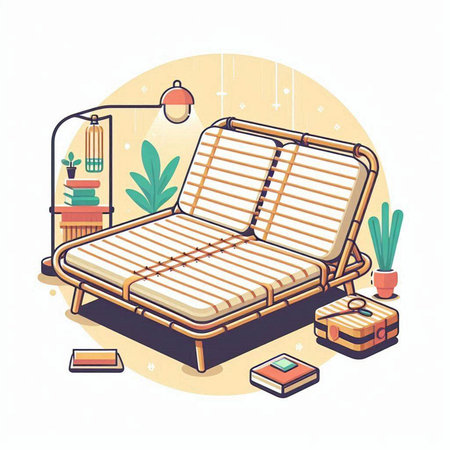 Vector illustration of cozy bed with pillows and books in a flat styleのイラスト素材