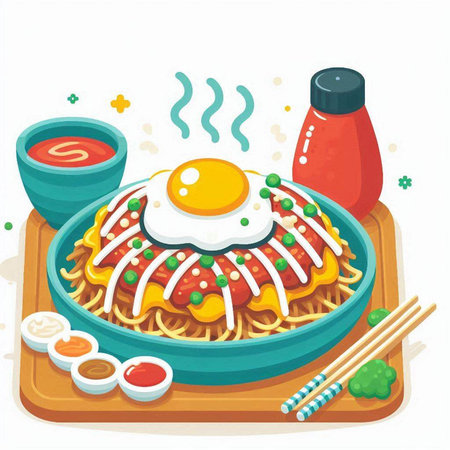 Illustration of a Bibimbap with fried egg and sauceのイラスト素材