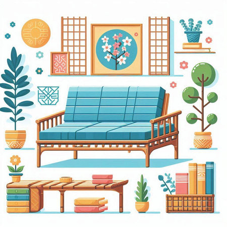 Sofa, books and plants in the room. Vector illustrationのイラスト素材