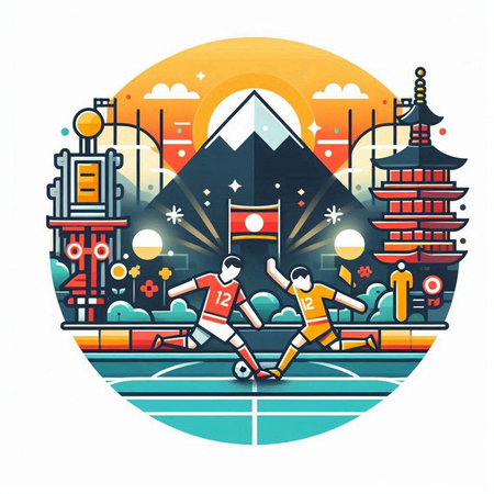 Colorful illustration of Chinese football or soccer players on the street.のイラスト素材