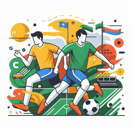 Soccer players on the field. Football match. Vector illustration.のイラスト素材