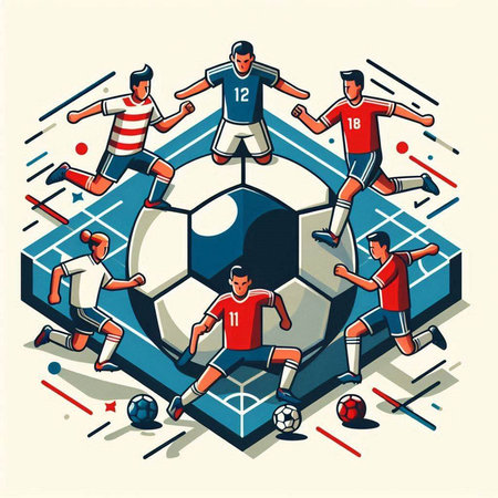 Soccer football players in action with ball. Vector illustration in flat styleのイラスト素材