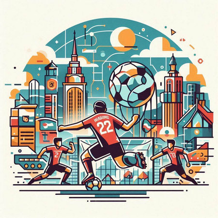 Soccer match on the background of the city. Vector illustration.のイラスト素材