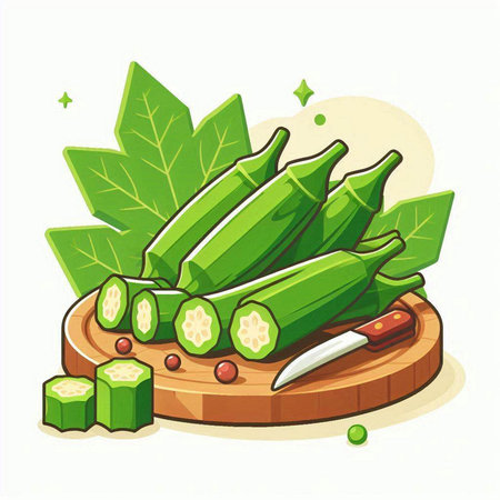 Fresh okra on wooden board. Vector illustration in cartoon style.のイラスト素材