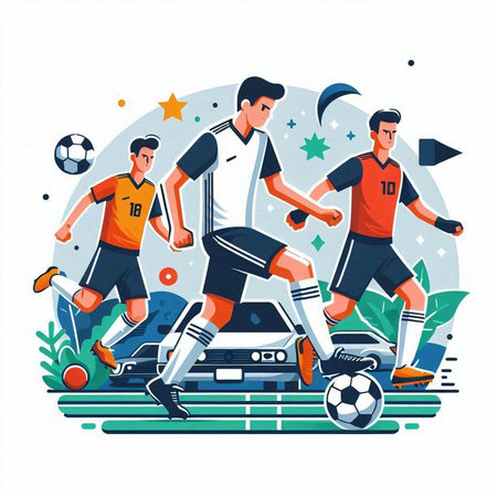 Soccer players in action. Vector illustration in flat cartoon style.のイラスト素材