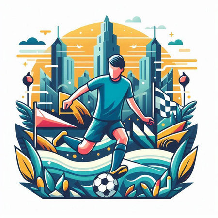 Soccer player in action on the background of the city. Vector illustrationのイラスト素材