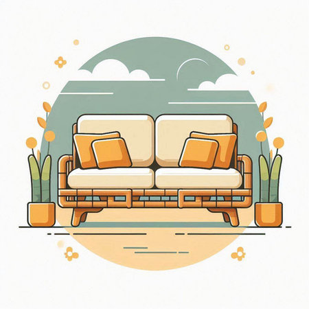 Sofa on the background of the landscape. Vector illustration.のイラスト素材