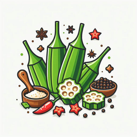 Illustration of okra, spices and herbs. Vector illustration.のイラスト素材