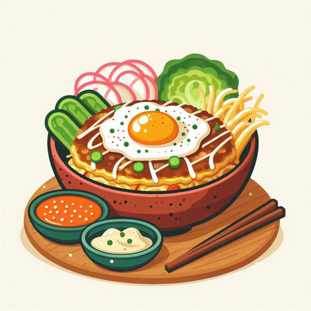 Illustration of a bowl of noodle with fried egg and vegetablesのイラスト素材