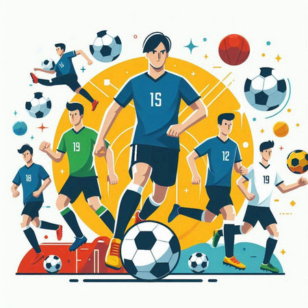 Soccer players in flat design style. Vector illustration of a soccer game.のイラスト素材