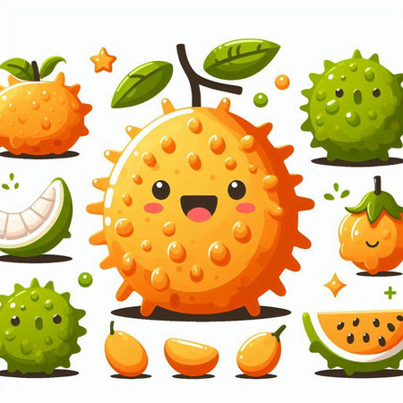 Cute cartoon kawaii fruit character set. Vector illustration.のイラスト素材