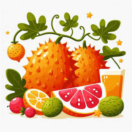 Fruits and juice. Kiwano, kiwano, kiwano, kiwano, mandarin, orange, grapefruit, kiwano. Vector illustration.のイラスト素材