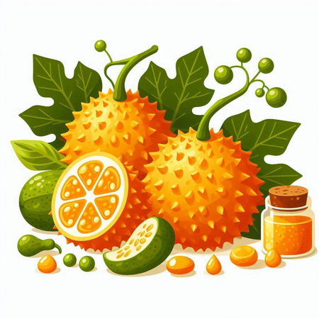 Fresh kiwano fruits with leaves and essential oil. Vector illustrationのイラスト素材