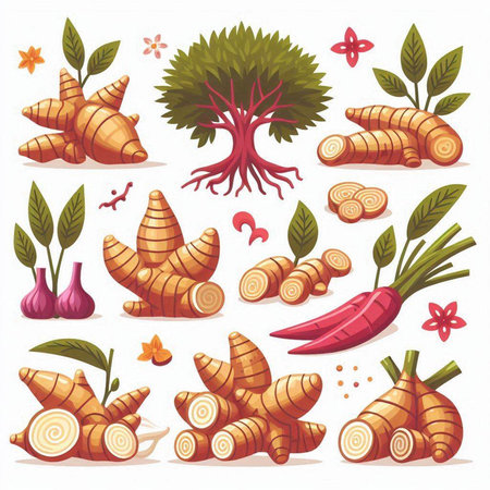Set of vector illustrations of turmeric root, root, leaves and flower.のイラスト素材