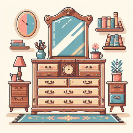 Vintage chest of drawers with mirror and bookshelf. Vector illustrationのイラスト素材