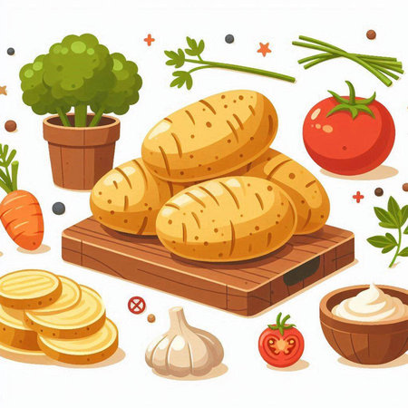 Potatoes and vegetables on wooden board. Vector illustration in cartoon styleのイラスト素材