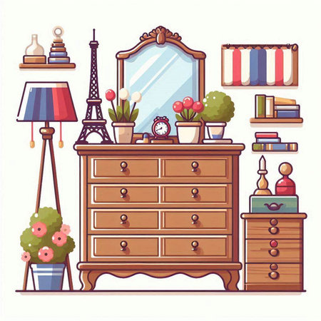Furniture and accessories in the living room. Vector illustration.のイラスト素材