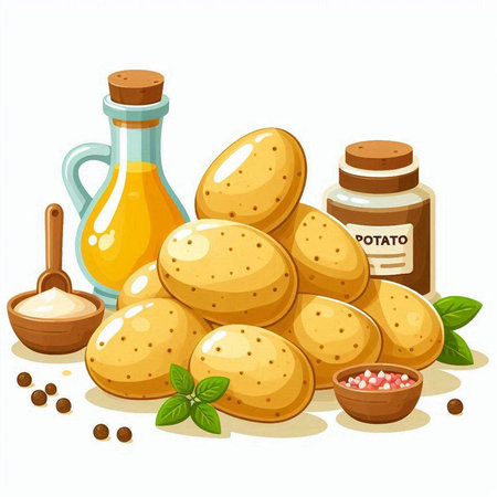 Potatoes and spices on a white background. Vector illustration in cartoon style.のイラスト素材