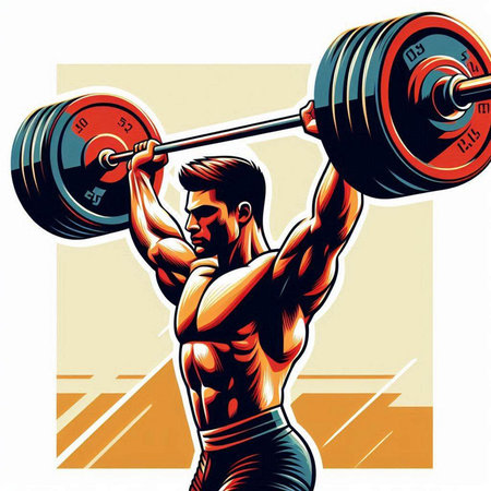 Vector illustration of a strong man lifting a barbell on a gym backgroundのイラスト素材