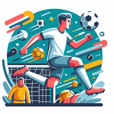 Soccer player kicks the ball on the field. Vector illustration.のイラスト素材