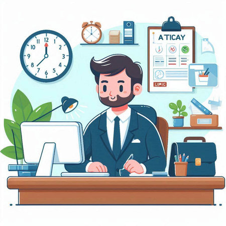 Businessman sitting at desk in office. Vector illustration in cartoon styleのイラスト素材