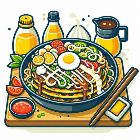 Noodles with vegetables and eggs in a frying pan. Vector illustration.のイラスト素材