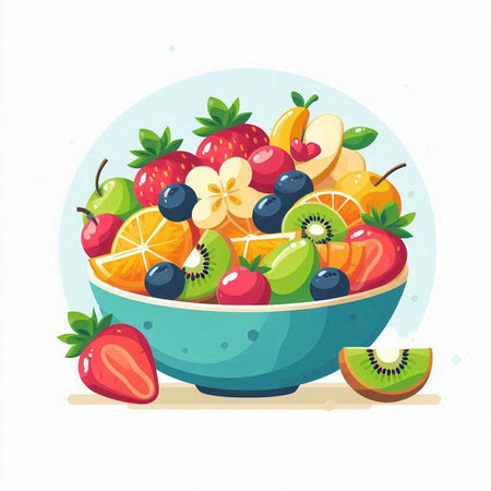 Fruit salad in a bowl. Vector illustration in cartoon style.のイラスト素材