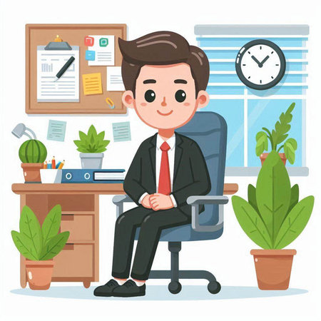 Businessman sitting on chair in office. Vector illustration in cartoon styleのイラスト素材