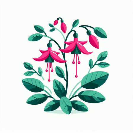 Fuchsia flowers with green leaves. Vector illustration isolated on white background.のイラスト素材