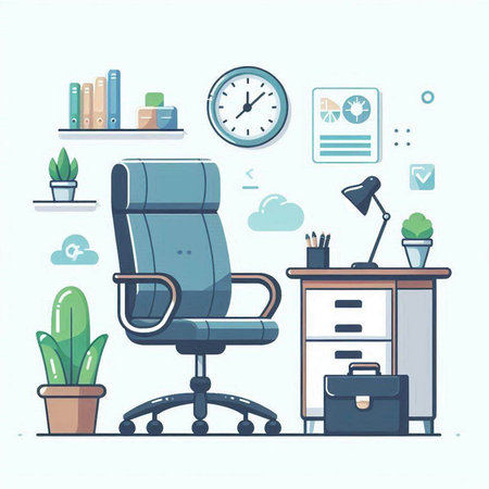 Office chair and desk. Vector illustration in flat style. Workplace with office furniture.のイラスト素材