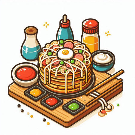 Illustration of japanese food in cartoon style on white backgroundのイラスト素材