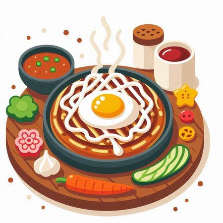 Illustration of a fried egg on a plate with vegetables and sauceのイラスト素材