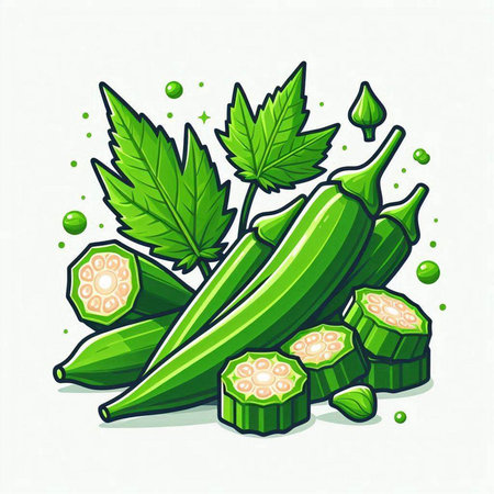 Vector illustration of fresh okra with leaves and drops of water.のイラスト素材