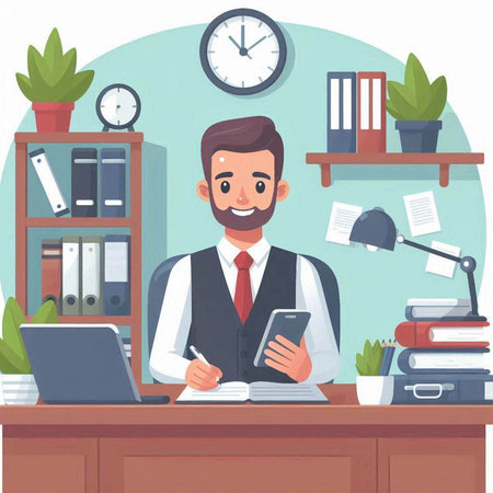 Businessman working at office desk. Vector illustration in cartoon style.のイラスト素材