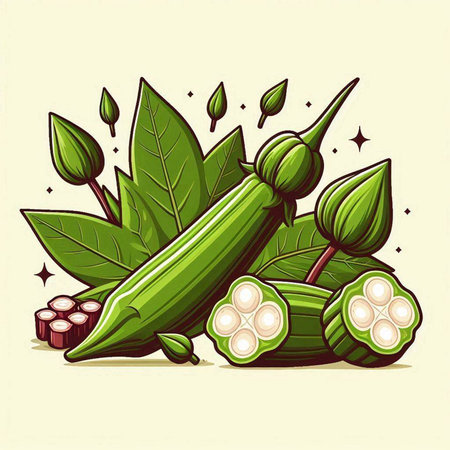 Illustration of okra pods with leaves and seeds. Vector illustration.のイラスト素材