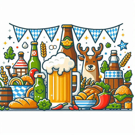 Beer festival banner with beer bottles, food and snacks. Vector illustration.のイラスト素材