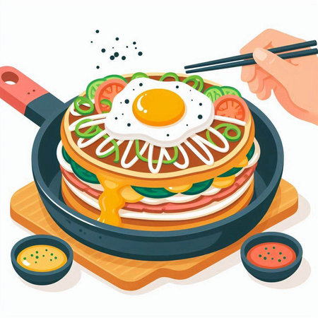 Fried egg with vegetables in frying pan. Cartoon vector illustration.のイラスト素材
