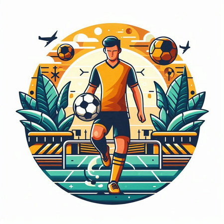 Soccer player with ball on stadium round icon, vector illustration.のイラスト素材