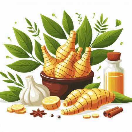 Ginger root, lemon, spices and herbs. Vector illustration.のイラスト素材