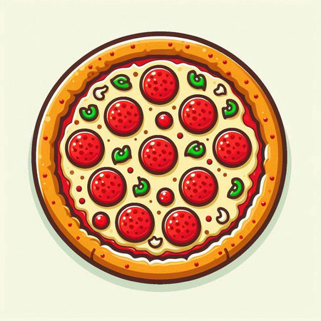 Pizza icon. Vector illustration of pizza with salami and tomatoes.のイラスト素材